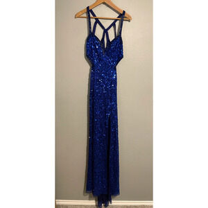 Primavera Gown Womens Size 8 Blue Sequin Strappy Formal Prom Evening Y2K FLAW